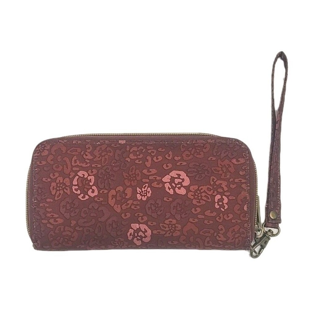 Travelon Wallet Wristlet Burgundy Floral Nylon 7.5"x4" Card Organizer Coin Zip - Picture 2 of 12
